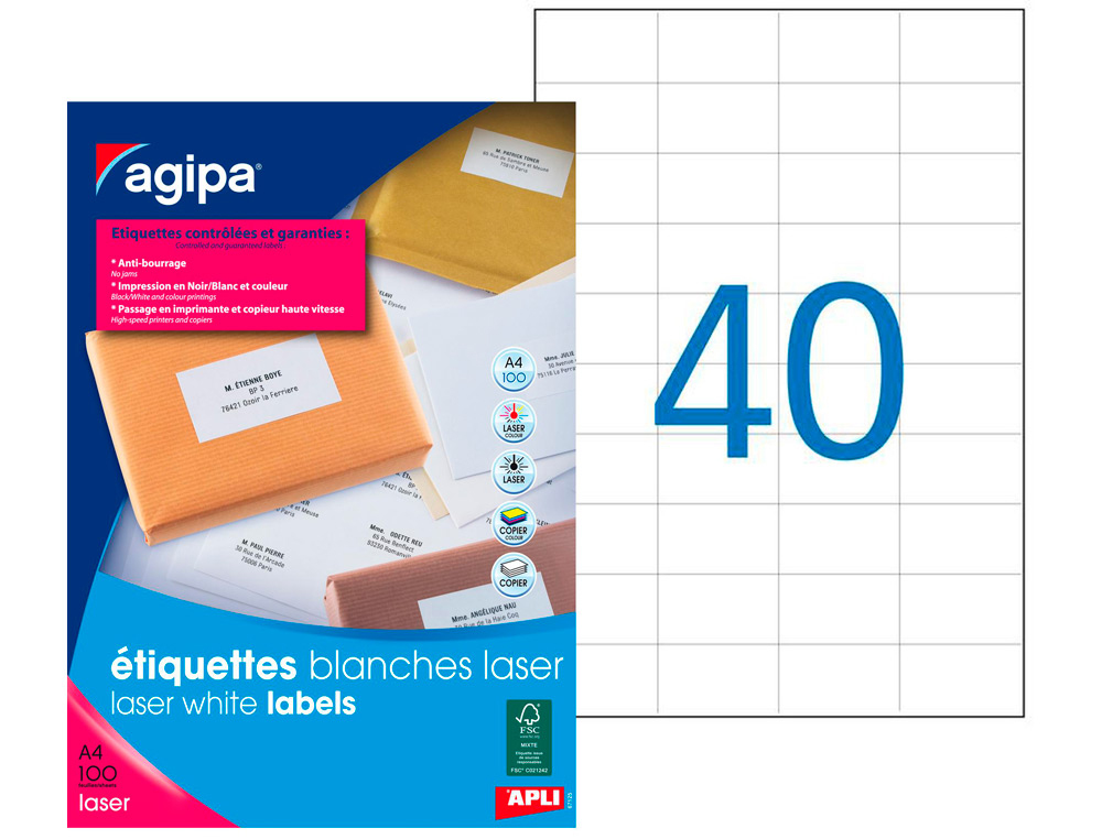TIQUETTE ADHSIVE APLI AGIPA IMPRIMANTE LASER COPIEUR 52.5X29.7MM COINS DROITS BOTE 4000 UNITS