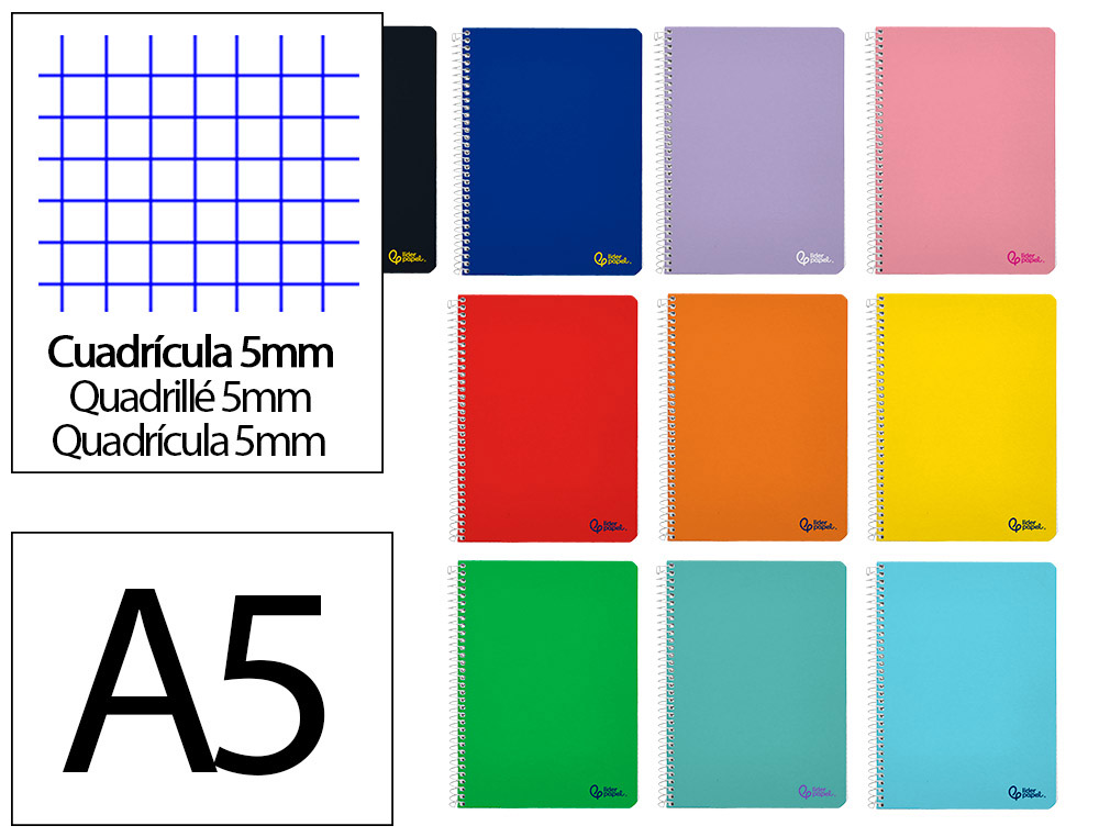 CAHIER SPIRALE LIDERPAPEL SMART COUVERTURE CARTONNEE A5 80F 60G/M2 5X5MM 6 TROUS      COIL-LOCK COLORIS ASSORTIS