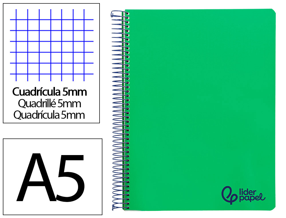 CAHIER SPIRALE LIDERPAPEL A5 MICRO WONDER 240 PAGES 90G    5X5MM 6 TROUS 5 BANDES        COULEURS GRIS