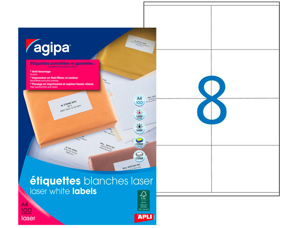 ÉTIQUETTE ADHÉSIVE APLI AGIPA IMPRIMANTE LASER COPIEUR 105X72MM BOÎTE 800 UNITÉS