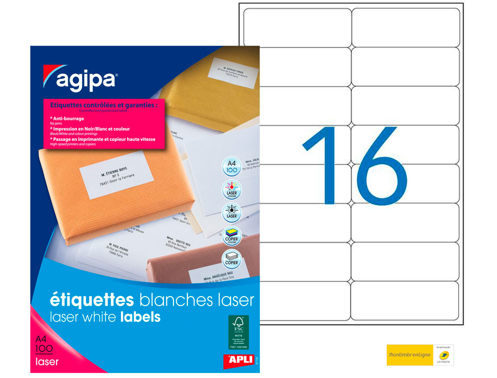 TIQUETTE ADHSIVE APLI AGIPA IMPRIMANTE LASER COPIEUR 99.1X33.9MM COINS ARRONDIS BOTE 1600 UNITS