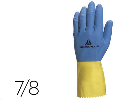 GANT MÉNAGE DELTAPLUS LATEX FLOQUÉ LONGUEUR 30CM ÉPAISSEUR 0.60MM COLORIS BLEU/JAUNE TAILLE 7/8 PAIRE