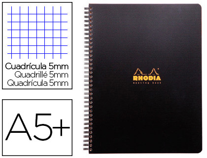 CAHIER RHODIACTIVE NOTEBOOK RELIURE INTÉGRALE NOIRE COUVERTURE PP A5+ 16X21CM 160 PAGES 90G 5X5MM MICROPERFORÉ