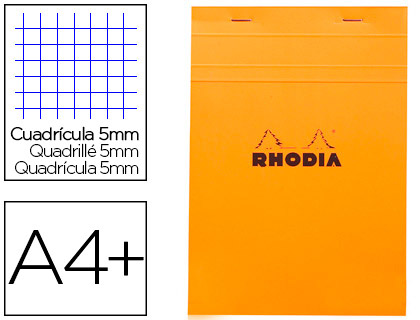 BLOC BUREAU RHODIA A4+ PAPIER VÉLIN SURFIN COUVERTURE ENDUITE ENVELOPPANTE 218X318MM 80F DÉTACHABLES 80G 5X5MM ORANGE