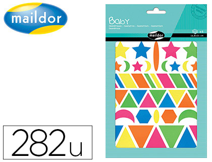 GOMMETTE MAXI MAILDOR BABY FORMES GÉOMÉTRIQUES REPOSITIONNABLE 148X210MM COLORIS FLUO 6 PLANCHES 282 UNITÉS