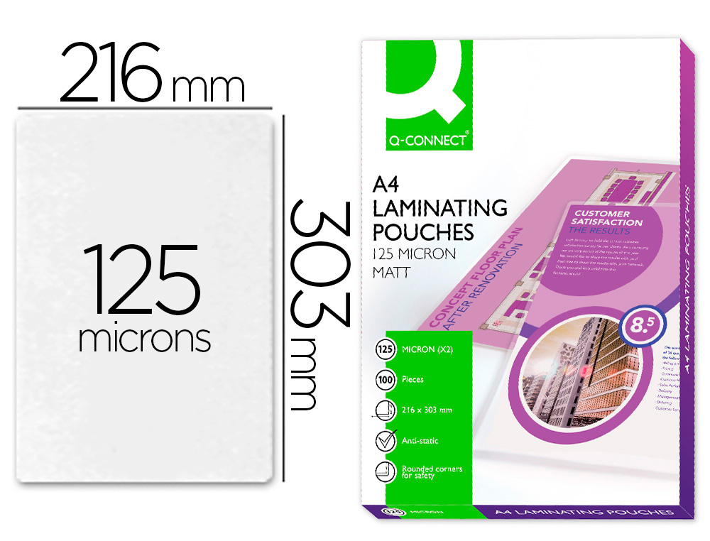 POCHETTE PLASTIFICATION Q-CONNECT AUTOADHÉSIVE 2 FACES FORMAT A4 125 MICRONS ANTISTATIQUE BOÎTE 100 UNITÉS
