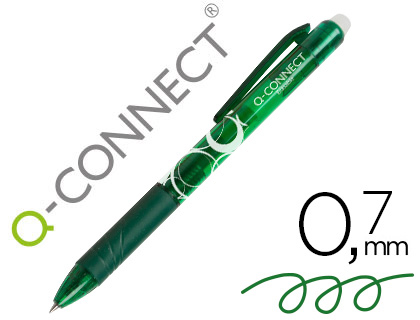 ROLLER Q-CONNECT ÉCRITURE MOYENNE 0.7MM ENCRE EFFAÇABLE GRIP PRÉHENSION GOMME SERTIE COLORIS VERT