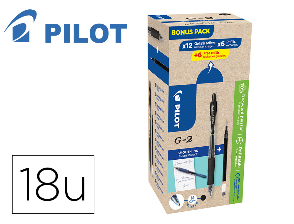 PACK PILOT G2 ENCRE GEL POINTE MOYENNE 12 ROLLERS ET  12 RECHARGES DONT 6 OFFERTES  COLORIS NOIR