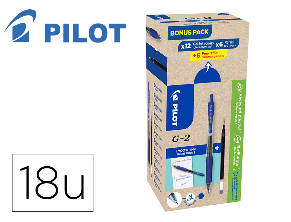 PACK PILOT G2 ENCRE GEL POINTE MOYENNE 12 ROLLERS ET  12 RECHARGES DONT 6 OFFERTES  COLORIS BLEU