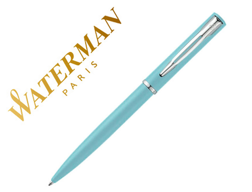 STYLO-BILLE WATERMAN ALLURE PASTEL POINTE M CAPUCHON CLIP ATTRIBUTS CHROMES COFFRET     CADEAU BLEU PASTEL