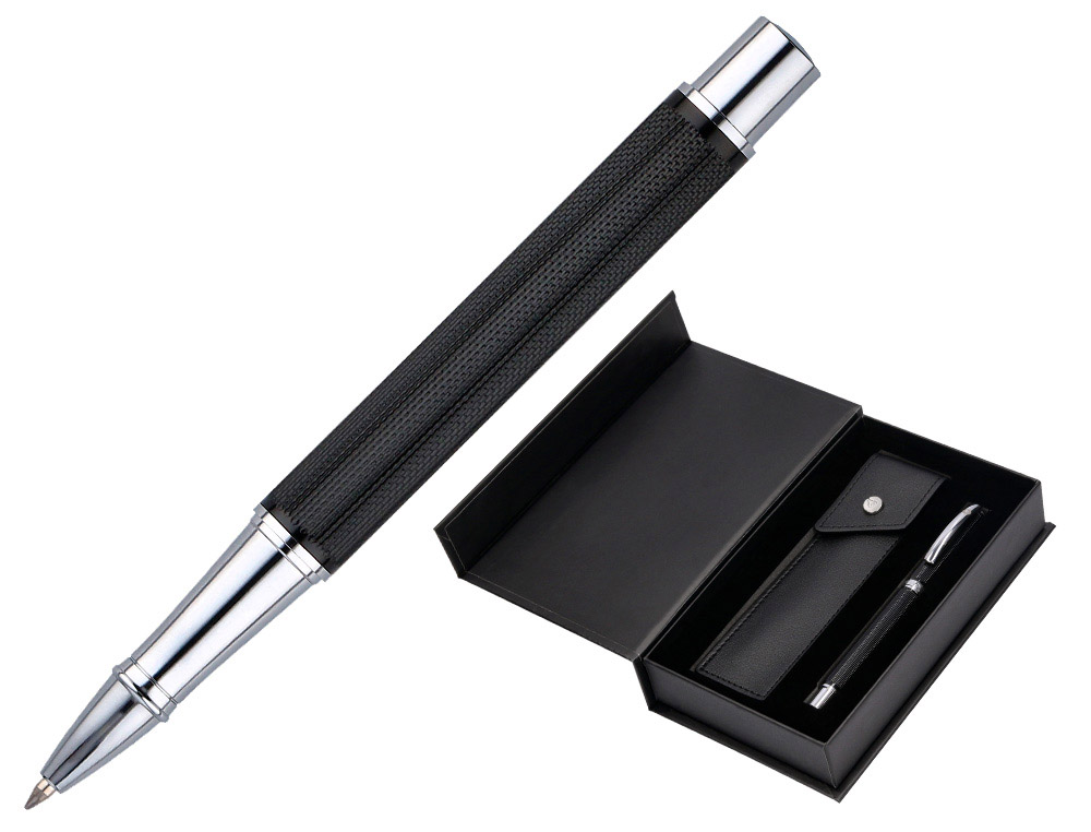 ROLLER ET ETUI SIMILI CUIR BELIUS TURBO ALUM. TEXTURE POINTILLEE ATTRIBUTS ARGENT ENCRE BLEUE COL. NOIR COFFRET CADEAU