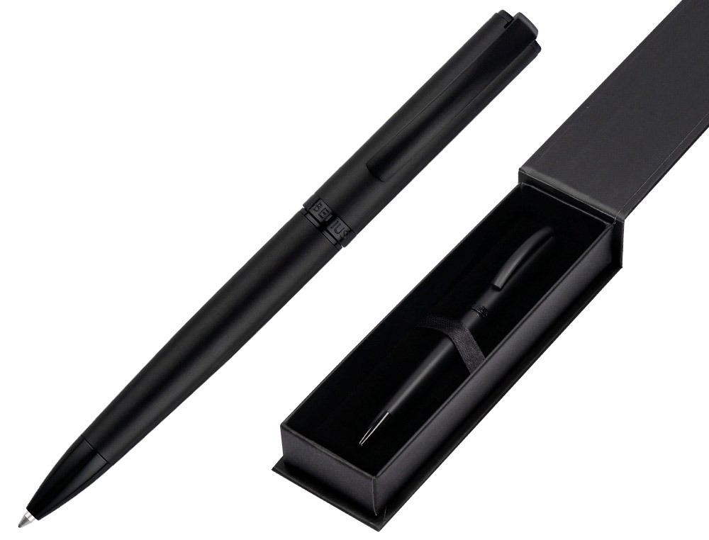 STYLO-BILLE BELIUS TURBO MONOCHROME ALUMINIUM TEXTURE POINTILLEE ENCRE BLEUE COLORIS NOIR DANS COFFRET CADEAU