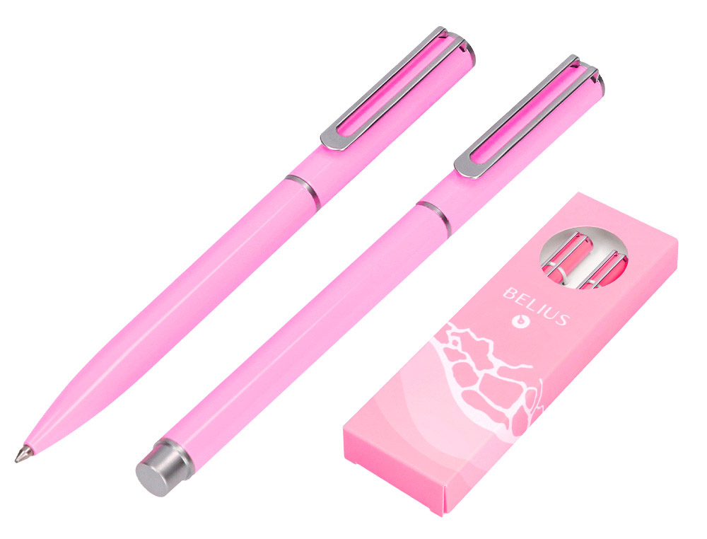 PARURE STYLO-BILLE ET ROLLER BELIUS ENDLESS SUMMER ALUMINIUM ATRIBUTS ARGENT ENCRE BLEUE COLORIS ROSE COFFRET CADEAU
