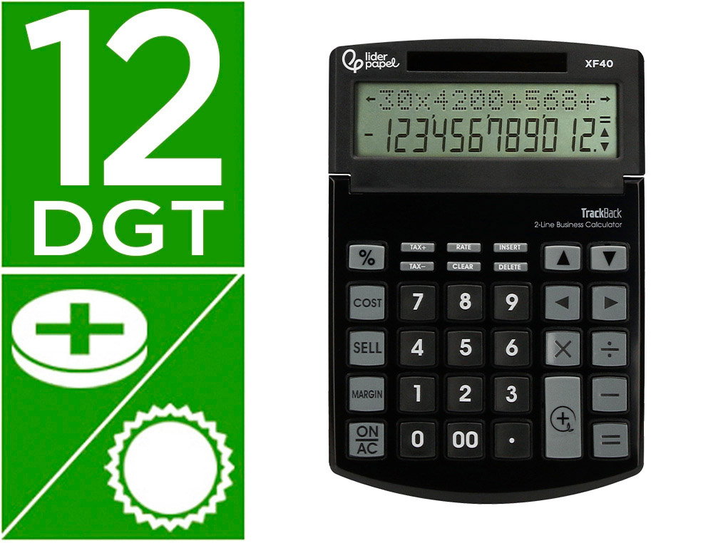 CALCULATRICE DE BUREAU LIDERPAPEL XF40 12 CHIFFRES   DOUBLE LIGNE SOLAIRE ET PILES 175X120X30MM COLORIS NOIR