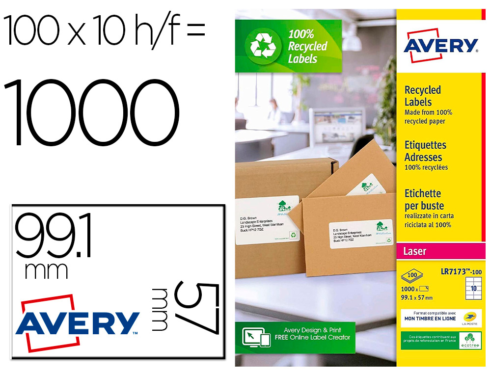 ETIQUETTE AUTOCOLLANTE AVERY ADRESSE RECYCLEE LASER BLANC  99,1 X 57MM BOITE DE 1000     ETIQUETTES BOITE DE 150