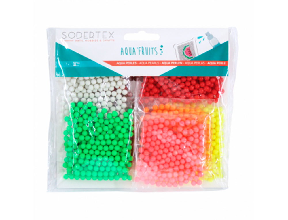 PACK AQUA SODERTEX PERLES AQUA'FRUITS + 10 MOD LES - 3  X 3 MM - 1500 PCS - 7 COLORIS ASSORTIS