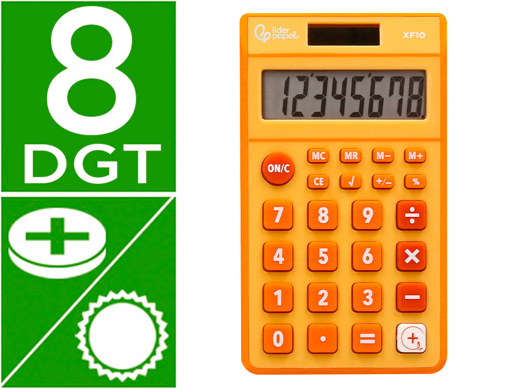 CALCULATRICE DE POCHE LIDERPAPEL XF10 8 CHIFFRES    SOLAIRE ET PILES 115X65X8 MM  COLORIS ORANGE