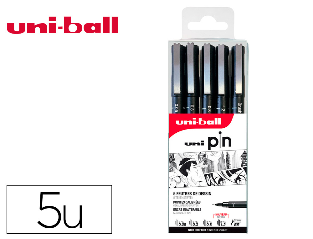 POCHETTE UNI-BALL 5 FEUTRES POINTE CALIBREE 0.05 BR       COLORIS NOIR