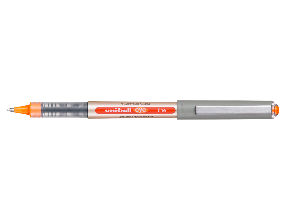 ROLLER UNIBALL EYE PLASTIQUE RECYCLE ENCRE LIQUIDE         ECRITURE MOYENNE POINTE METAL COLORIS ORANGE