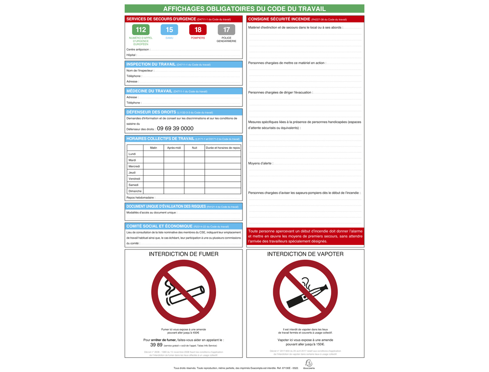 PANNEAU AFFICHAGE EXACOMPTA OBLIGATOIRE CODE DU TRAVAIL   40X60CM