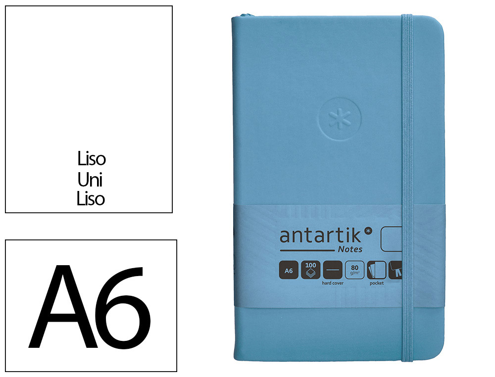 CARNET FERMETURE ELASTIQUE ANTARTIK NOTES COUVERTURE RIGIDE A6 PAPIER UNI IVOIRE 100 FEUILLES 80GR FSC BLEU CIEL