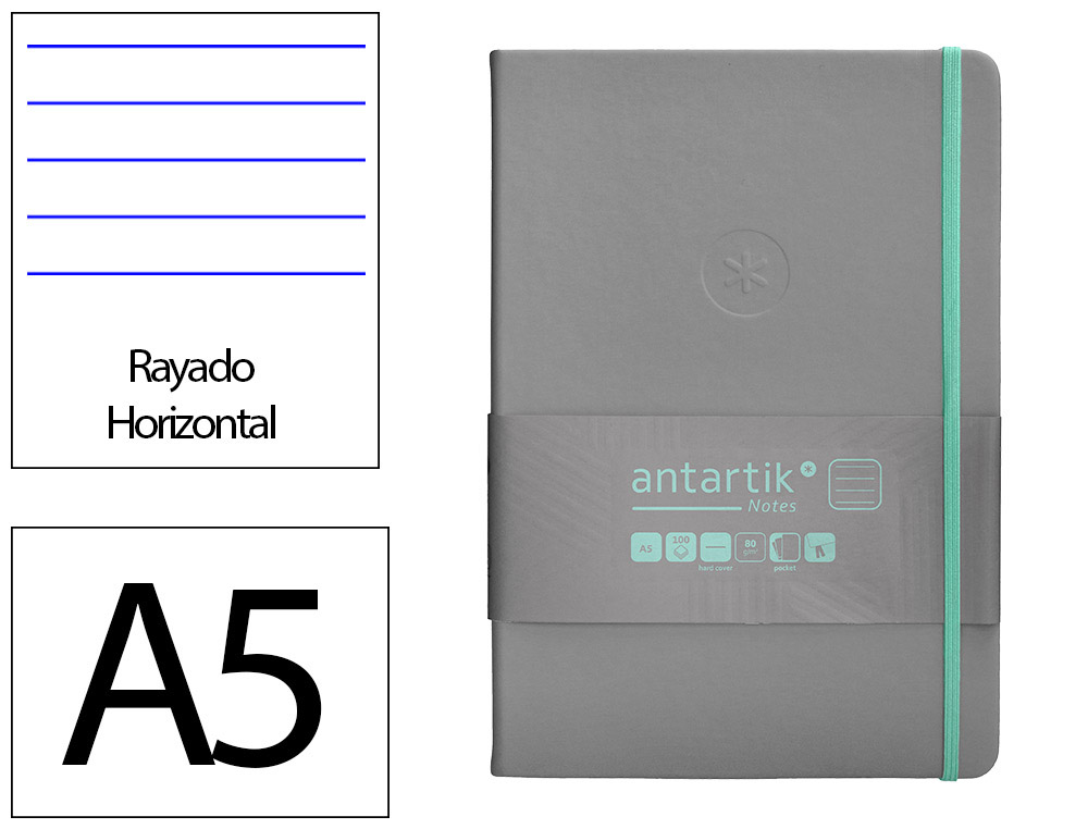 CARNET FERMETURE ELASTIQUE TURQUOISE ANTARTIK NOTES      COUVERTURE RIGIDE A5 LIGNE 100FEUILLES 80GR FSC COLORIS GRIS