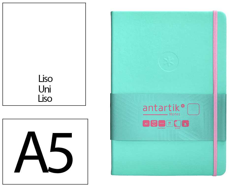 CARNET FERMETURE ELASTIQUE ROSE ANTARTIK NOTES COUVERTURE RIGIDE A5 PAPIER UNI IVOIRE 100 FEUILLES 80GR FSC TURQUOISE