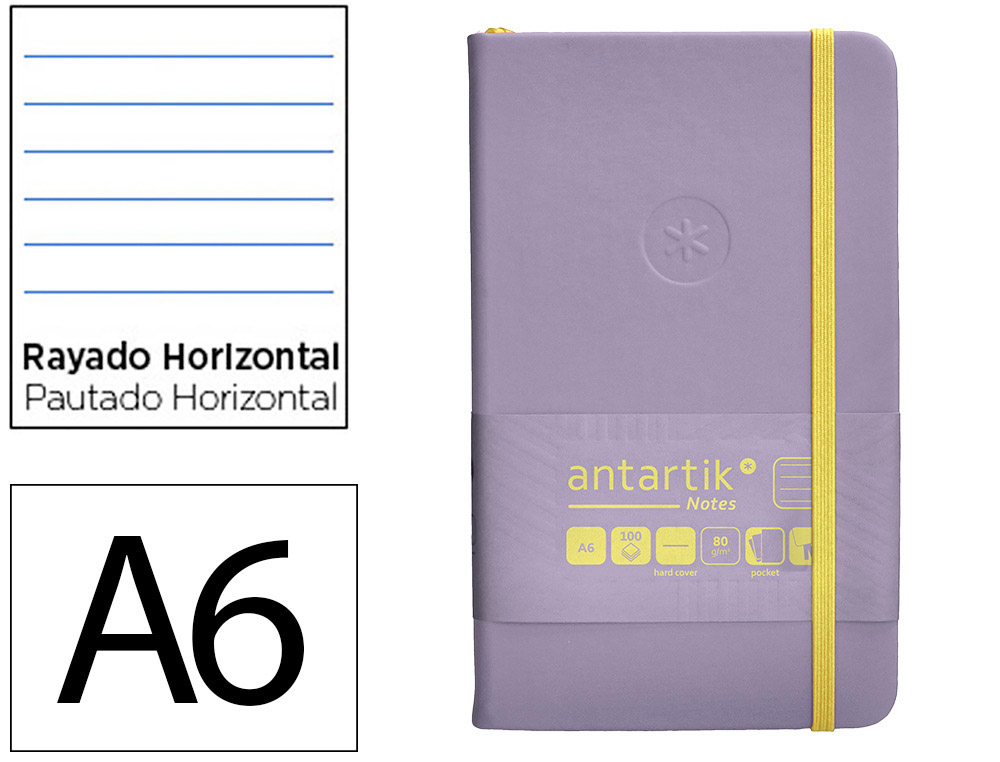 CARNET FERMETURE ELASTIQUE JAUNE ANTARTIK NOTES COUVERTURE RIGIDE A6 LIGNE 100 FEUILLES 80GR FSC COLORIS LILAS
