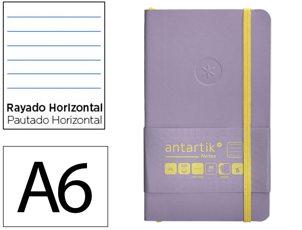 CARNET FERMETURE ELASTIQUE JAUNE ANTARTIK NOTES COUVERTURE SOUPLE A6 LIGNE 100 FEUILLES 80GR FSC COLORIS LILAS