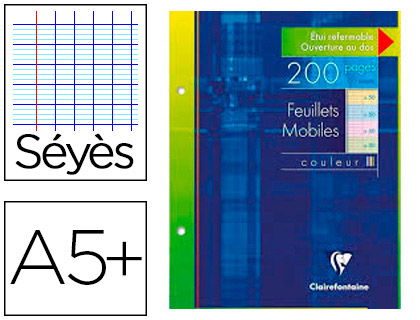 FEUILLET MOBILE CLAIREFONTAINE A5+ 170X220MM PAPIER VÉLIN VELOUTÉ 200 PAGES 90G SÉYÈS PERFORÉ COLORIS ASSORTIS