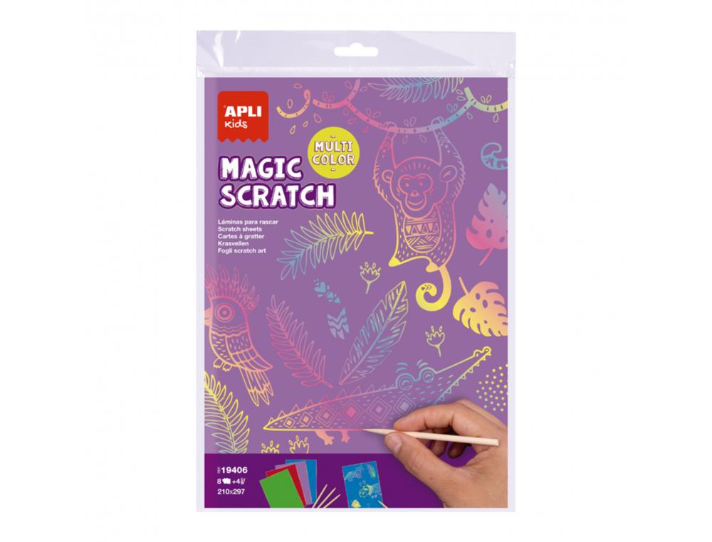 CARTES A GRATTER APLI A4 COLORIS ASSORTIS POCHETTE DE  8 FEUILLES ET 4 BATONNETS