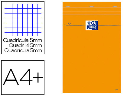 BLOC BUREAU OXFORD A4+ PAPIER VÉLIN SURFIN AGRAFÉ EN TÊTE COUVERTURE ENVELOPPANTE 210X320MM 80F 80G 5X5MM COLORIS ORANGE