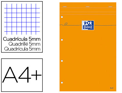 BLOC BUREAU OXFORD A4+ PERFORÉ VÉLIN SURFIN AGRAFÉ EN TÊTE COUVERTURE ENVELOPPANTE 210X320MM 80F 80G 5X5MM ORANGE