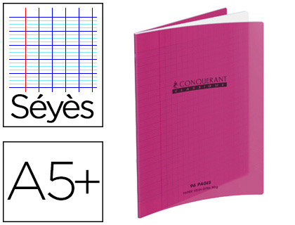 CAHIER PIQUÉ CONQUÉRANT CLASSIQUE COUVERTURE POLYPROPYLÈNE RIGIDE TRANSPARENTE 17X22CM 96 PAGES 90G SÉYÈS COLORIS ROSE