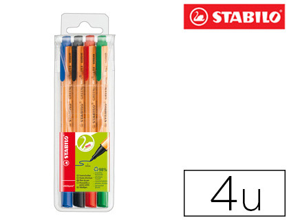 STYLO-FEUTRE STABILO GREENPOINT PLASTIQUE RECYCLE ÉCRITURE LARGE 0.8MM POINTE ROBUSTE CLIP POCHETTE 4 COLORIS ASSORTIS