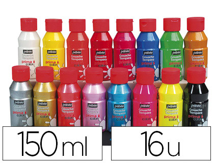 GOUACHE PÉBÉO PRIMACOLOR LIQUIDE INODORE ONCTUEUSE APPLICATION FACILE COLORIS ASSORTIS BOÎTE 16 FLACONS 150ML