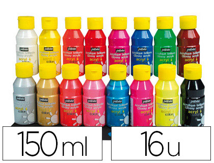 PEINTURE ACRYLIQUE PÉBÉO ACRYLCOLOR INDÉLÉBILE COUVRANTE BRILLANTE TOUS SUPPORTS ASSORTIMENT 16 FLACONS 150ML