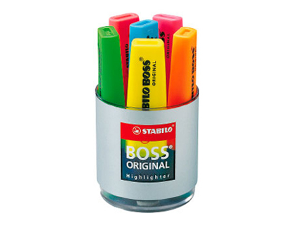 SURLIGNEUR STABILO BOSS TRACÉ 2/5MM POINTE BISEAUTÉE ENCRE UNIVERSELLE BASE EAU RÉSISTANTE LUMIÈRE POT 6 UNITÉS
