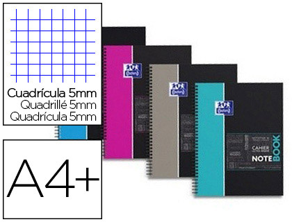 BLOC OXFORD NOTEBOOK RELIURE INTÉGRALE COUVERTURE CARTON EXTRA-RIGIDE A4+ 245X310MM 160 PAGES 90G 5X5MM 4 TROUS