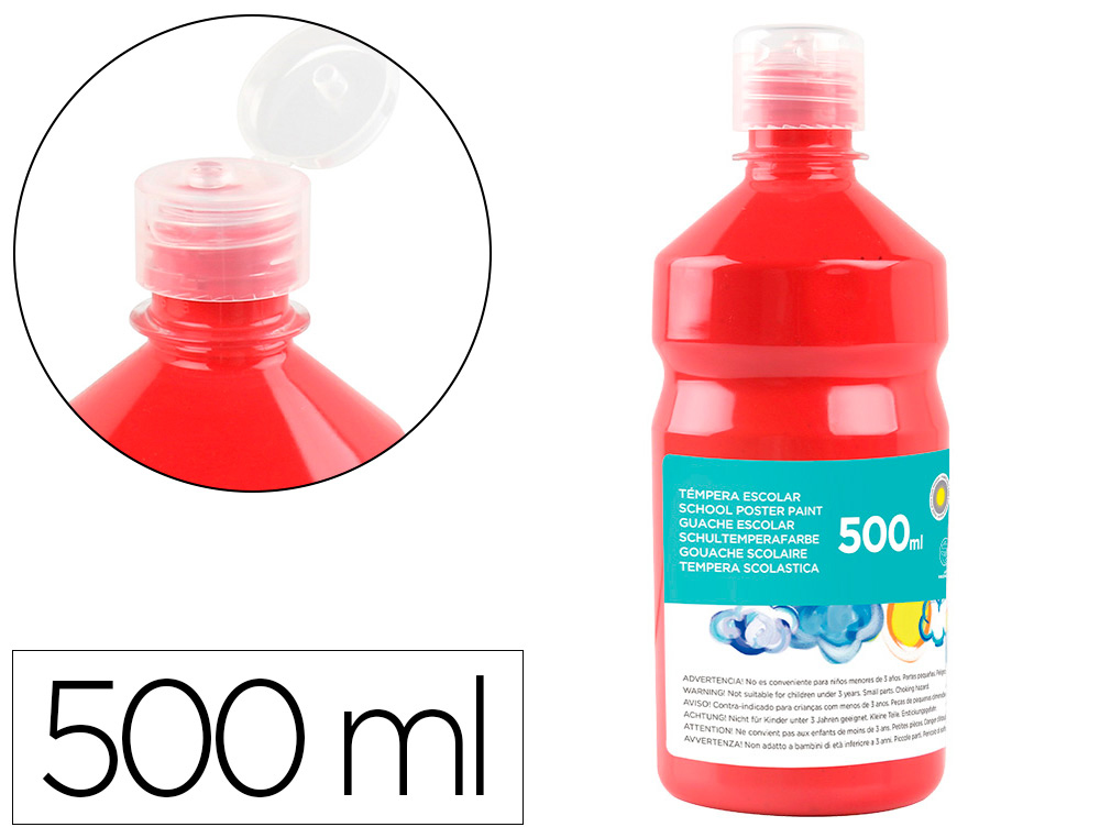 GOUACHE SCOLAIRE LIDERPAPEL LIQUIDE LAVABLE FERMETURE SCURIT BRILLANTE COLORIS ROUGE FLACON 500ML