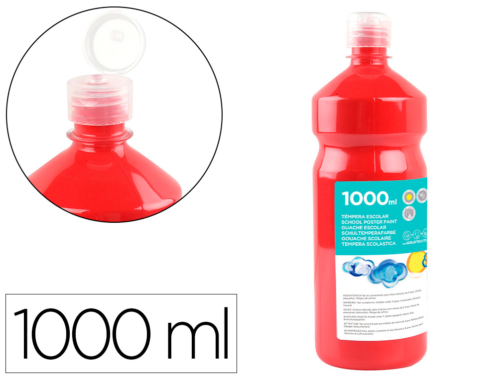 GOUACHE SCOLAIRE LIDERPAPEL LIQUIDE LAVABLE FERMETURE SCURIT BRILLANTE COLORIS ROUGE FLACON 1000ML