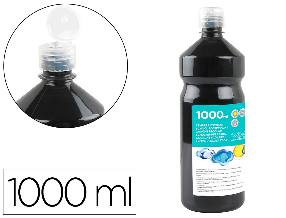GOUACHE SCOLAIRE LIDERPAPEL LIQUIDE LAVABLE FERMETURE SCURIT BRILLANTE COLORIS NOIR FLACON 1000ML