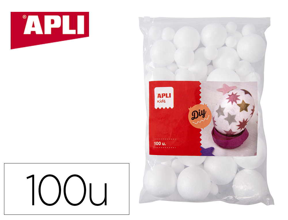 BOULES APLI KIDS POLYSTYRENE DIAMETRES ASSORTIS DE 10 A    60MM FORMAT MAXI SACHET ZIP   COLORIS BLANC 100 UNITES