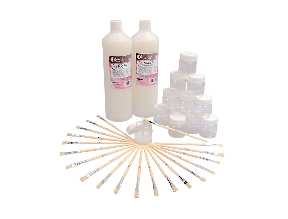 PACK ECOLE O'COLOR COLLES 2 FLACONS 1L + 12 POTS 50ML     VIDES + 20 PINCEAUX A COLLE