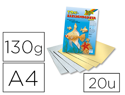 PAPIER À DESSIN TEINTÉ FOLIA DIN A4 130G/M2 COLORIS OR ET ARGENT BLOC DE 10 UNITÉS