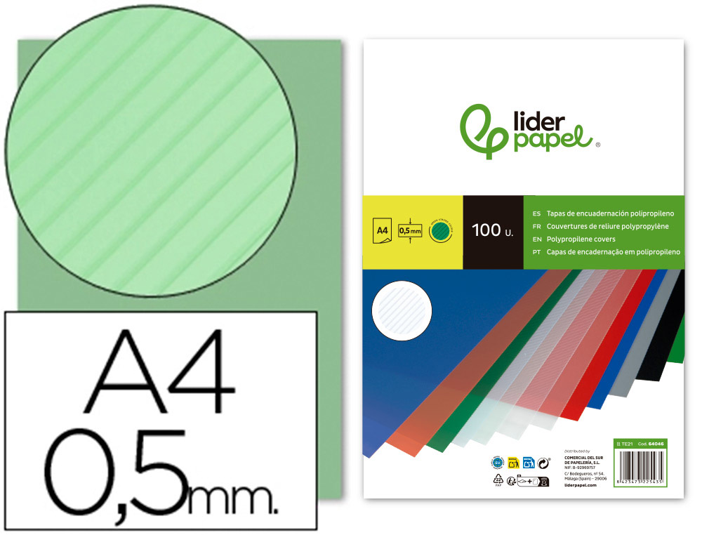 PLAT COUVERTURE LIDERPAPEL PPL RAY LIGNES DIAGONALES 0.5MM A4 DOSSIER RELIURE COLORIS VERT BOTE 100 UNITS