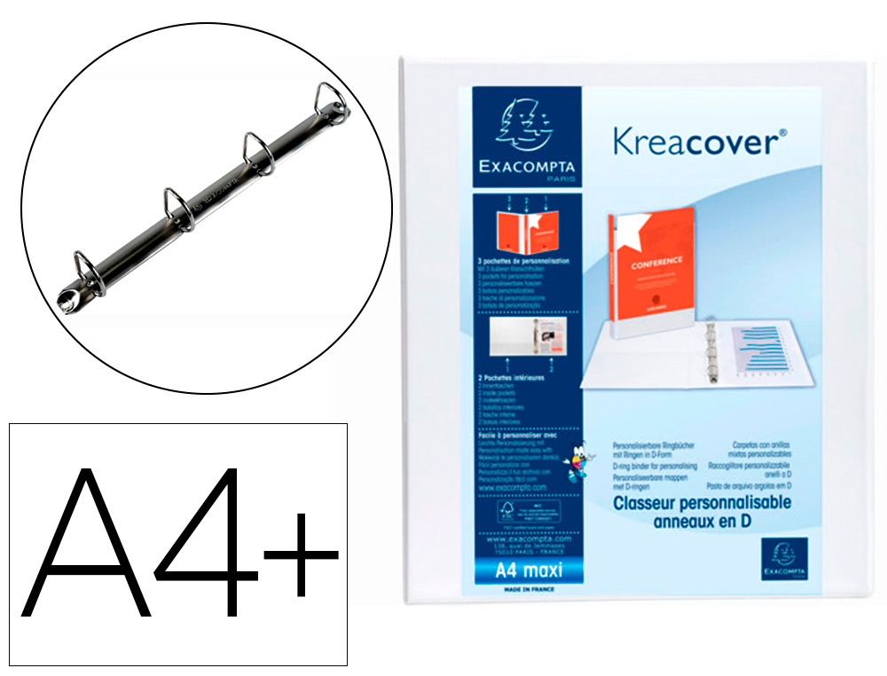 CLASSEUR EXACOMPTA KREACOVER 4 ANNEAUX 15MM A4+ CARTON RECOUVERT POLYPROPYLÈNE DOS 38MM PERSONNALISABLE BLANC