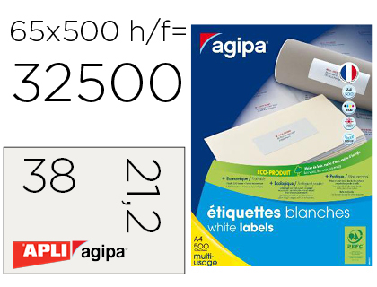 ÉTIQUETTE ADHÉSIVE APLI AGIPA MULTI-USAGE 38X21.2MM COINS DROITS BOÎTE 32500 UNITÉS 500 FEUILLES