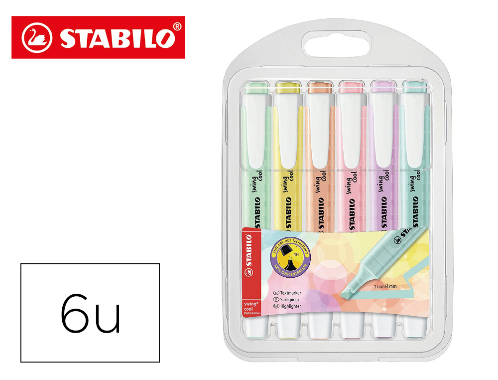 SURLIGNEUR STABILO SWING COOL PASTEL MODÈLE DE POCHE AVEC AGRAFE TRACÉ 1/4MM POCHETTE 6 COLORIS ASSORTIS