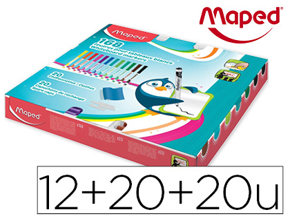 MARQUEUR MAPED MARKER'PEPS FANCY EFFAÇABLE À SEC 12 COULEURS + 20 CHIFFONETTES + 20 CAPUCHONS RECHANGE
